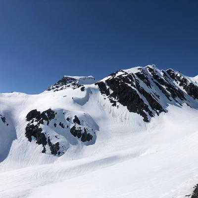 A vast landscape of snow-covered mountains under a clear blue sky, revealing dark rock faces and visible ski tracks on the pristine slopes.