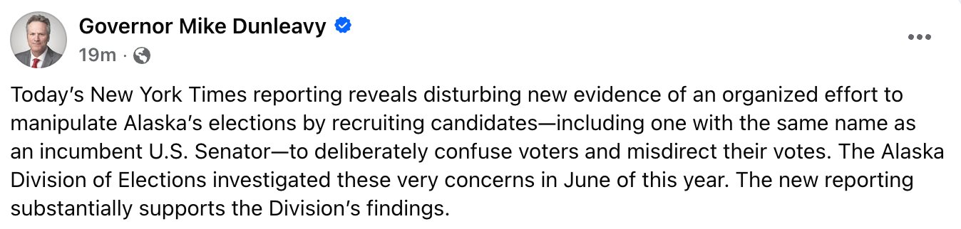 Governor Dunleavy Social Media Post