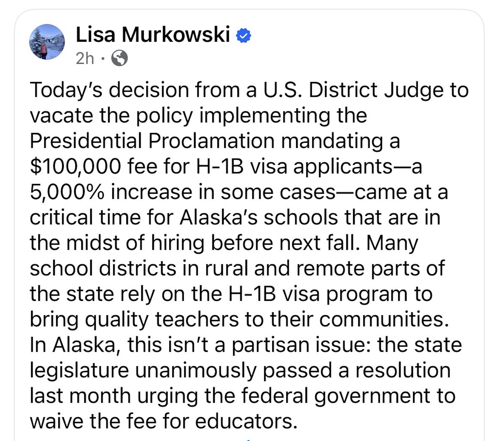 Lisa Murkowski Social Media Post