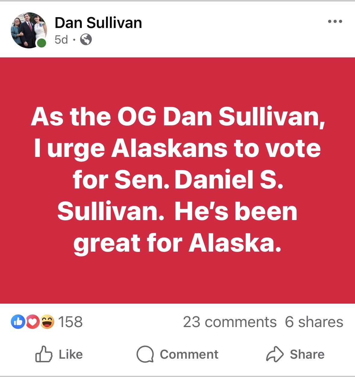 Political Endorsement Post for Senator Sullivan
