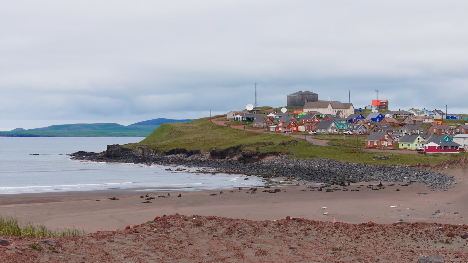 Colorful Coastal Village on Grassy Bluff