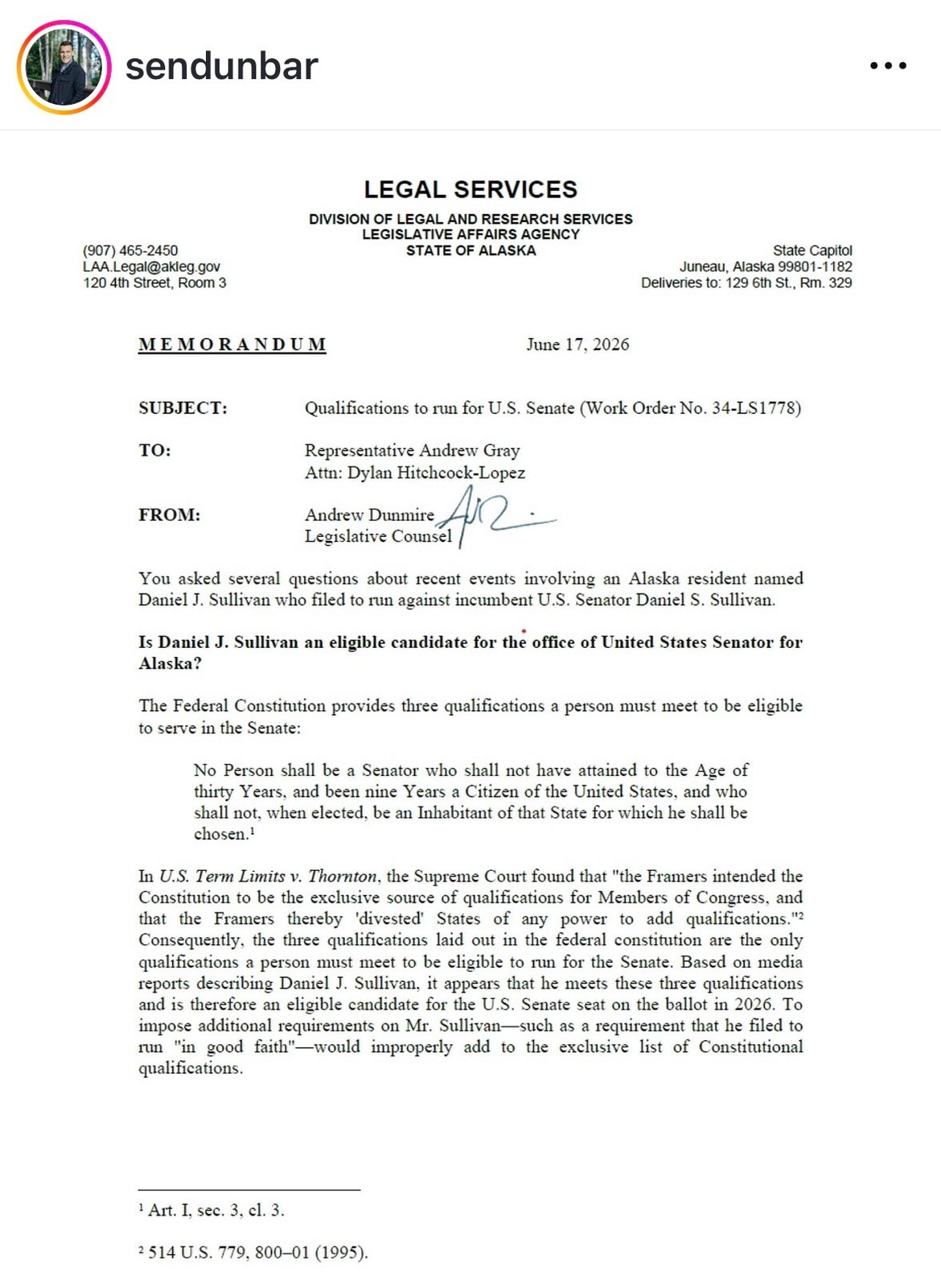 Legislative Affairs Agency Memorandum on Senate Qualifications